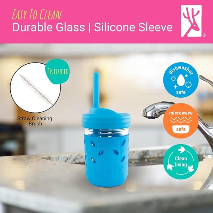 Elk and Friends Kids + Toddler Glass Cups | The Original 8oz Glass Mason Jar with Sleeves + Lids | Silicone Straws + Stopper | Smoothie Cup | Food Storage | Spill Resistant | Dishwasher Safe | 8 Pack