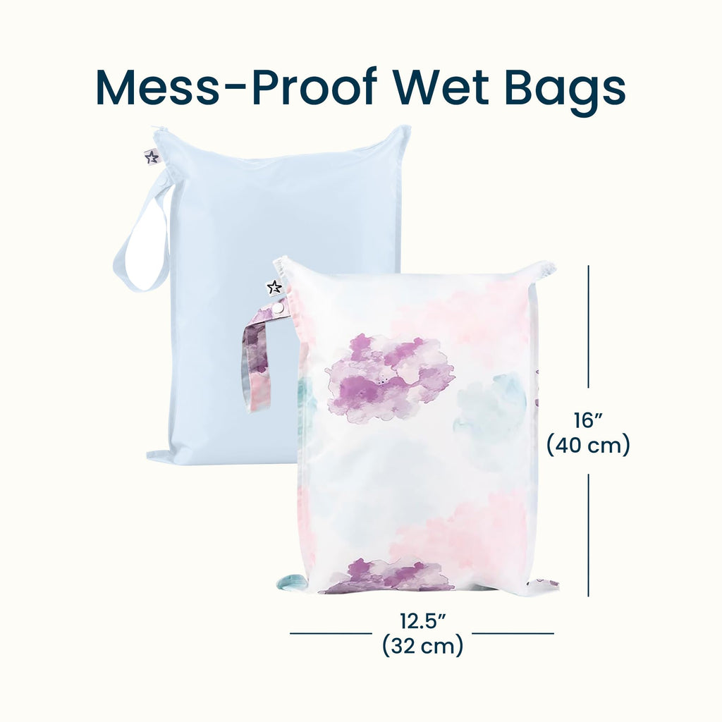 Tiny Twinkle Mess Proof Wet Bags | 2-Pack Reusable Waterproof Wet Bags for Swimsuits | Baby Clothes | Travel & Diaper Bag (Cotton Candy)