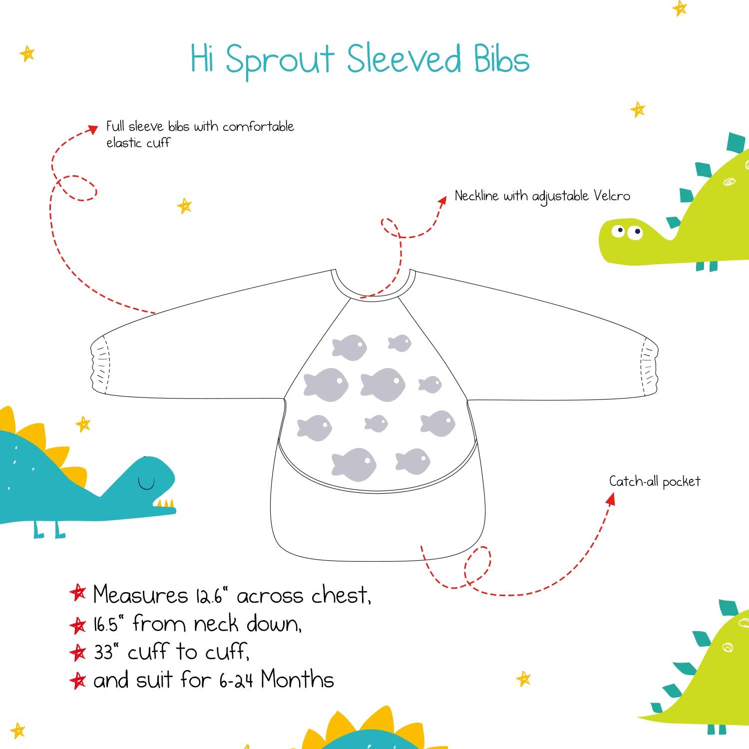Hi Sprout Infant Toddler Baby Waterproof Sleeved Bib, Bib with Sleeves&Pocket, 6-24 Months (Car)