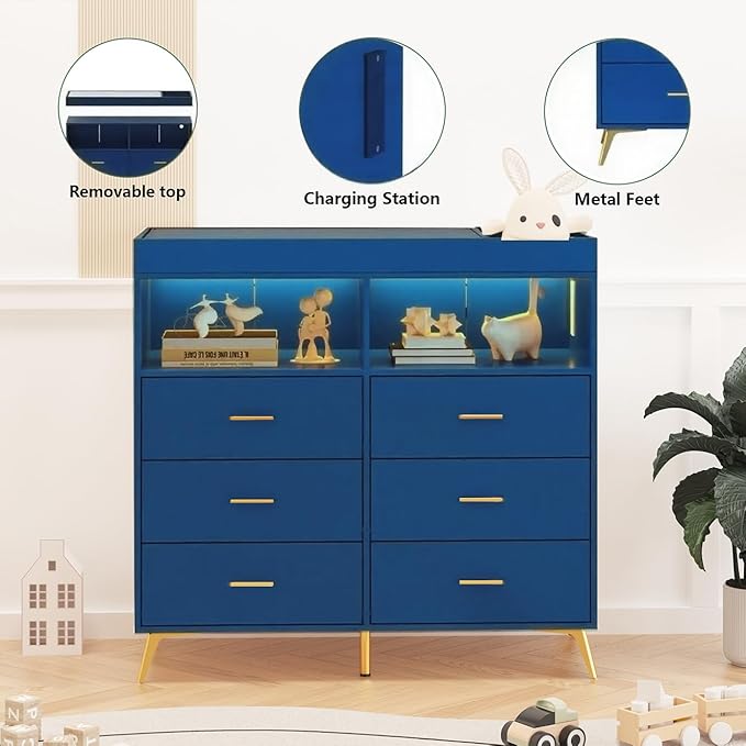 GarveeHome Dresser for Bedroom with 6 Drawers, Baby Changing Table Dresser with Changing Pad, LED Lights & Charging Station, Baby Changing Station with Changing Table Top