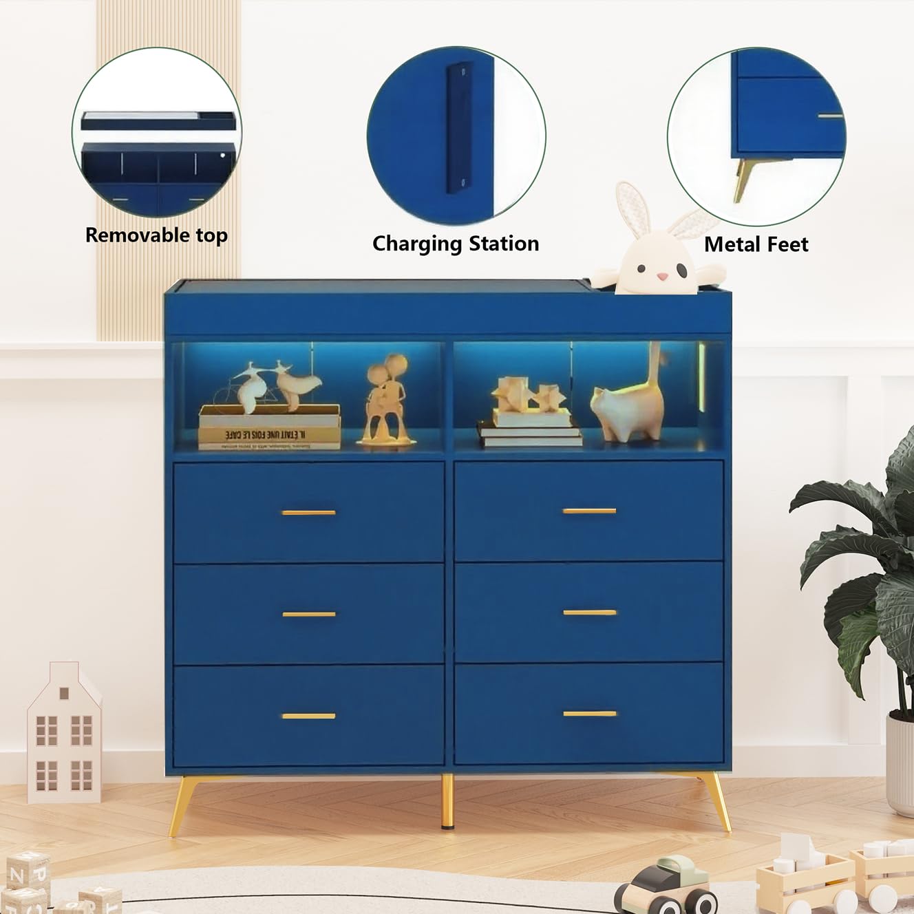 Babevy Changing Table Dresser with Drawers, Baby Dresser with Changing Table Top, Power Outlet, LED Light & Metal Feet, Diaper Changing Station Nursery Organizer for Infants Newborn (Blue)