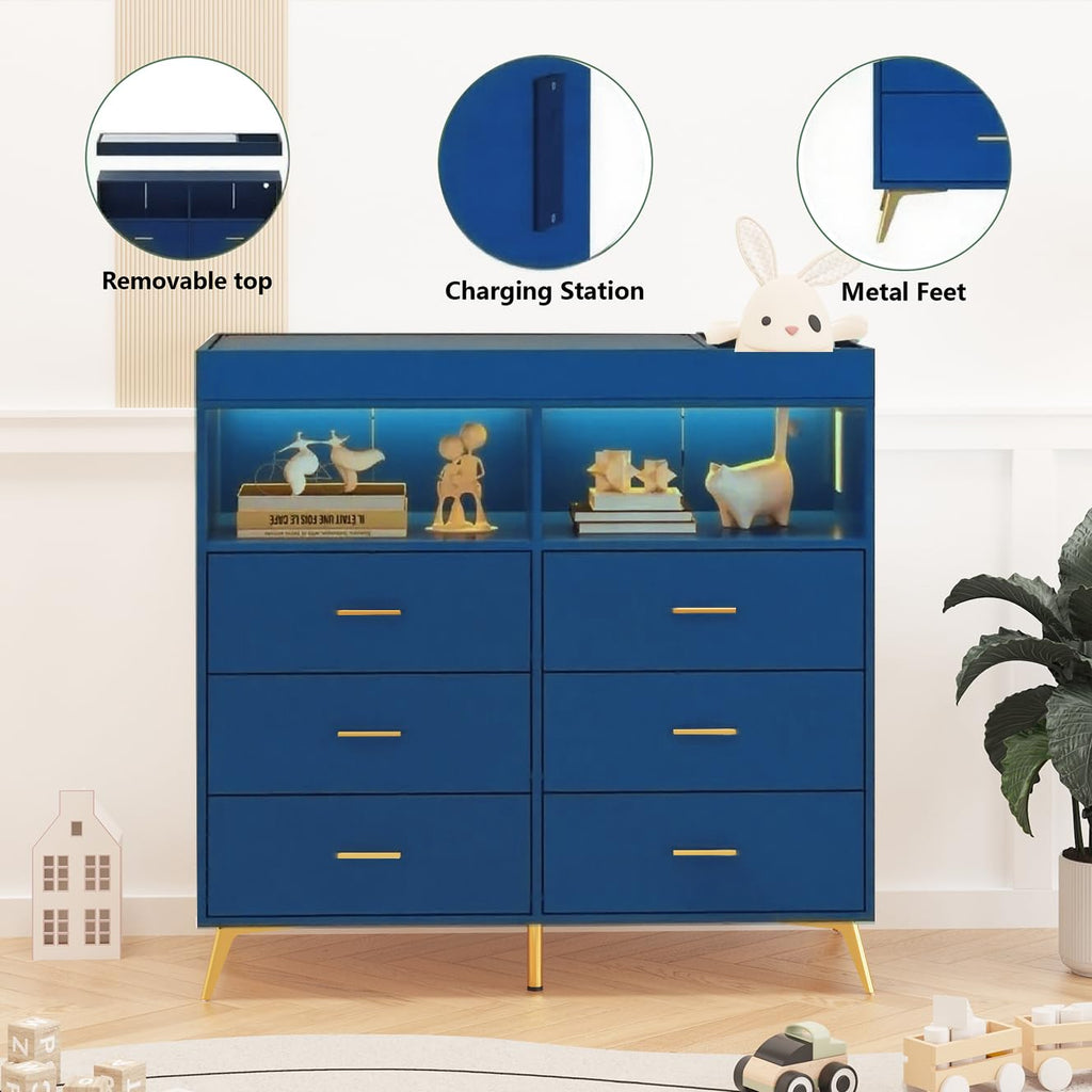 Babevy Changing Table Dresser with Drawers, Baby Dresser with Changing Table Top, Power Outlet, LED Light & Metal Feet, Diaper Changing Station Nursery Organizer for Infants Newborn (Blue)