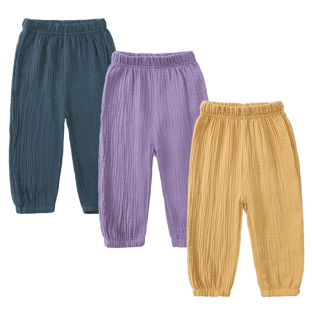 MYGBCPJS Baby Boys Girls 3 Pack Cotton Linen Long Bloomers Ankle Length Trousers Kids Lightweight Elastic Waist Harem Pants