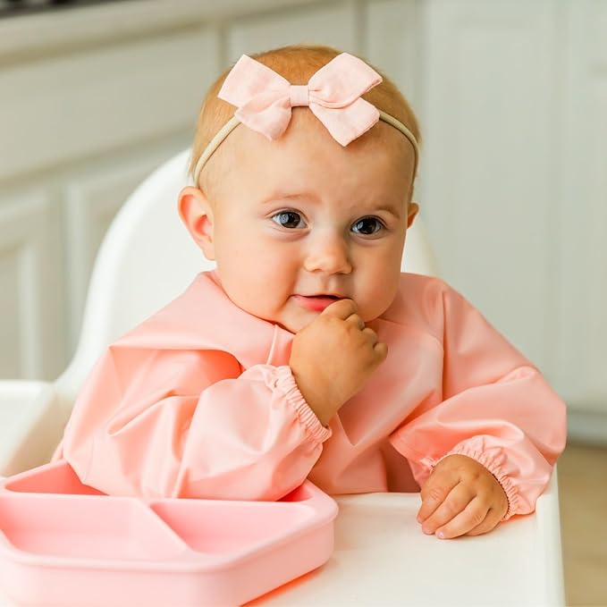 Tiny Twinkle Long Sleeve Bib for Babies & Toddlers – 2 Pack Waterproof Smock Bibs for Eating – Machine Washable & Mess-Proof, Baby Feeding Essential & Shower Must-Have (Peach Terracotta,6–24M)