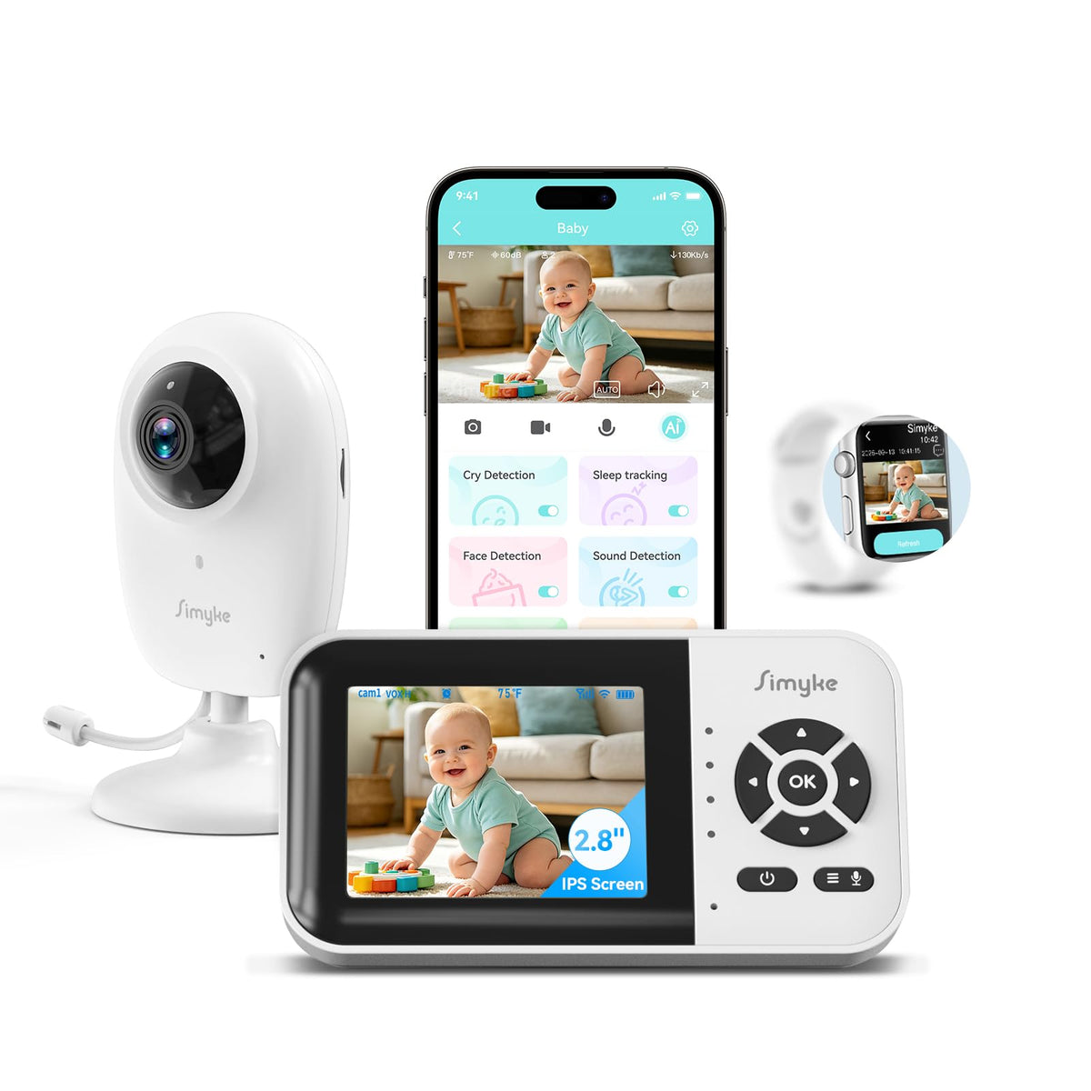Simyke Smart Video Baby Monitor,2.8" Display & 1080p Camera,WiFi/No WiFi Modes,Cry Detection,2-Way Audio Talk,VOX/ECO,Feeding Timer,Temperature Sensor,Night Vision,8 Lullabies, Supports 4 Cameras