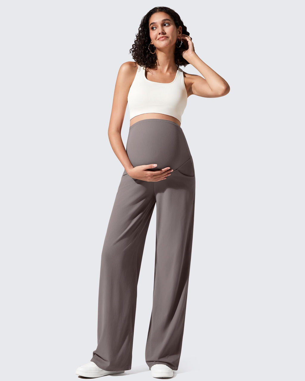 G4Free Maternity Pants for Women Over The Belly Stretchy Wide Leg Yoga Pants Pregnancy Trousers with Pockets(Taupe,M,Regular)