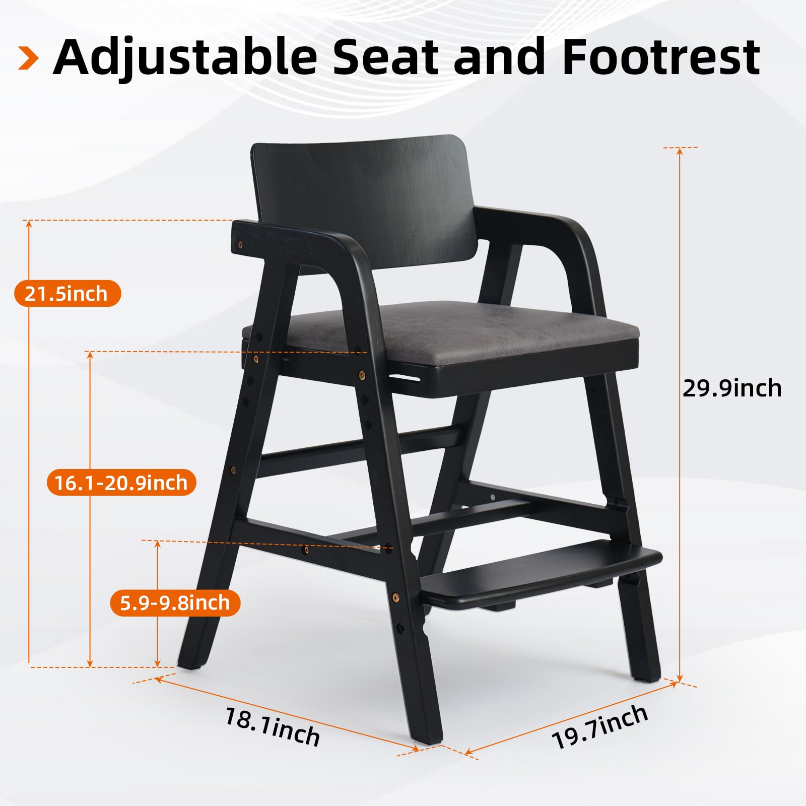 Leesinwing Wooden High Chair for Toddlers, Adjustable Feeding Chair, Black