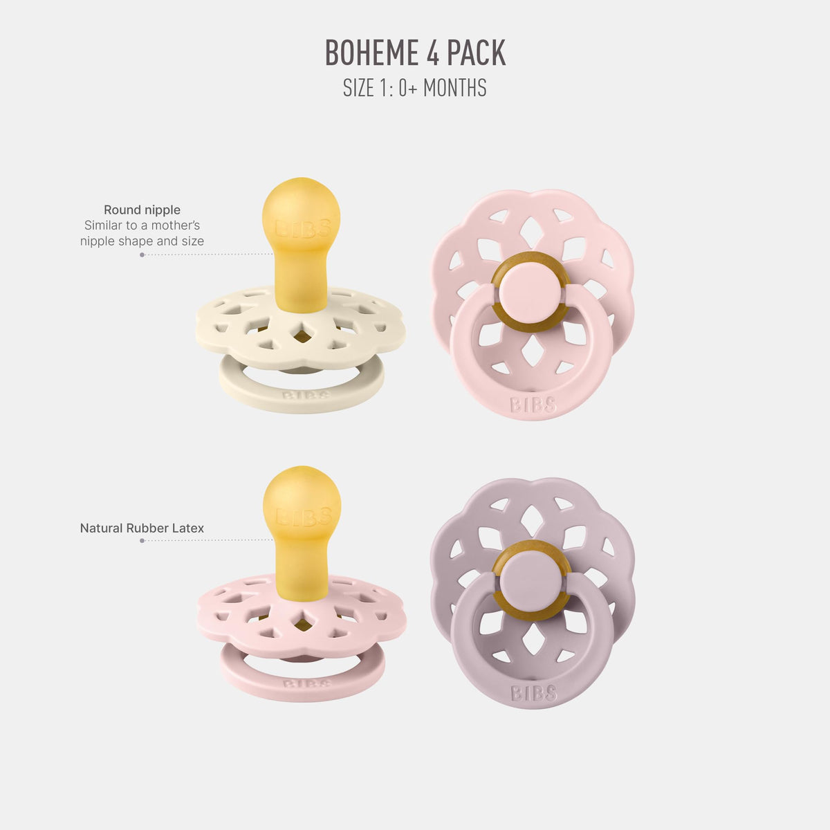 BIBS Boheme Soother 4-Pack. BPA Free Dummy Pacifier, Round Nipple. Natural Rubber Latex, Made in Denmark. 0-6 Months (Pack of 4), Peach Mix