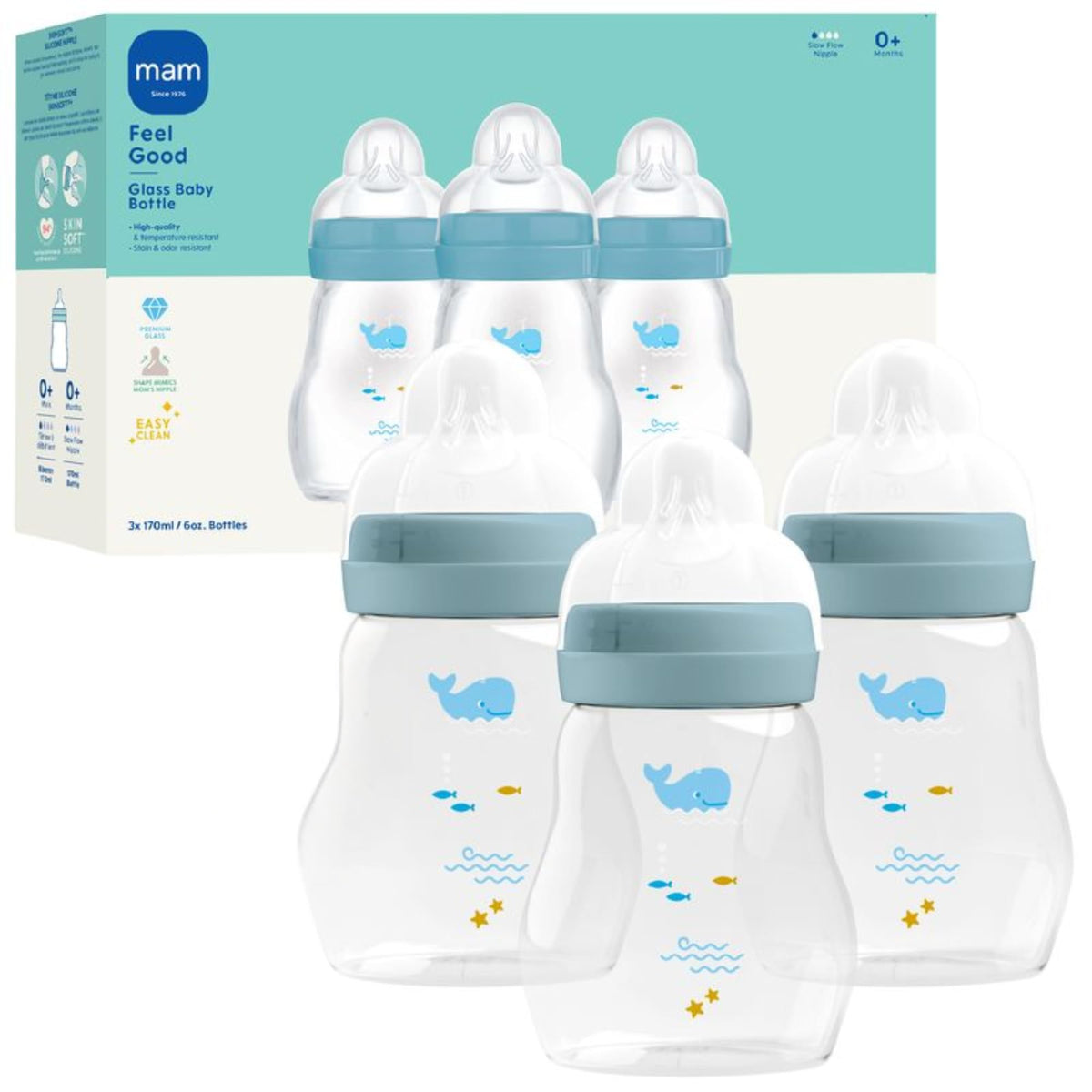 MAM 6oz Pure Glass Feel Good Anti-Colic 0+ Months Baby Bottle, 3 Pack, Girl