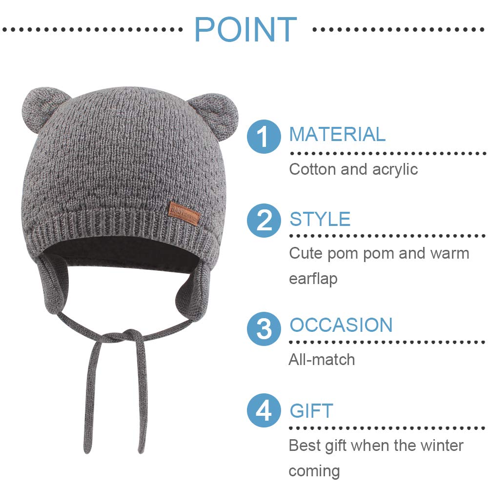 BAVST Baby Beanie Hat for Winter with Earfalp Cute Bear Kids Toddler Girls Boys Warm Knit Cap 0-2Years(Bear Ear- Light Grey,S)