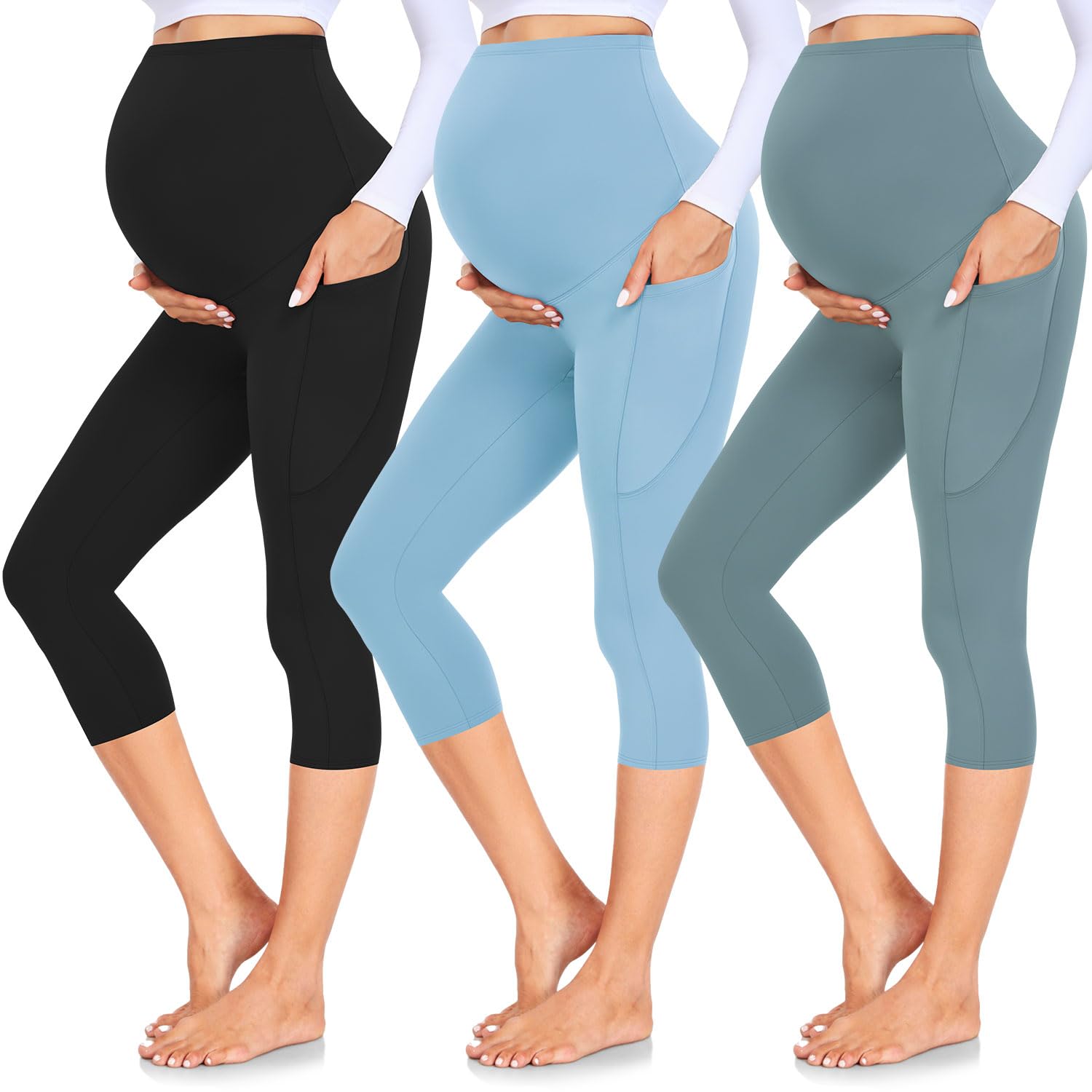 GROTEEN 3 Pack Maternity Capri Leggings with Pockets Over Belly Yoga Pants