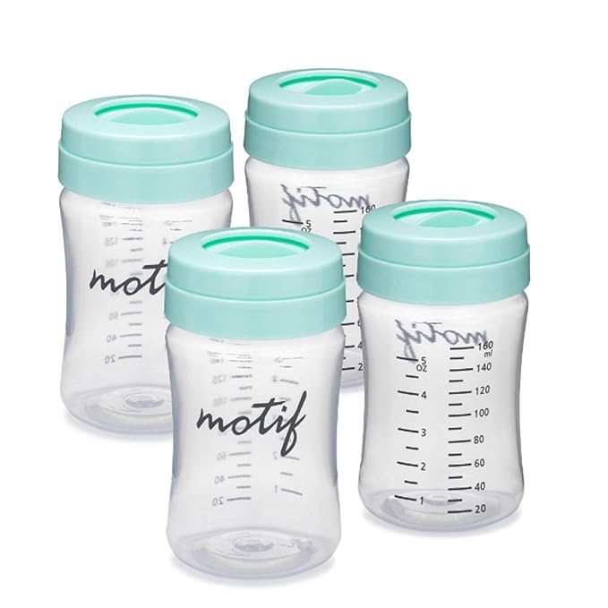 Motif Medical Breast Milk Storage Bottles for Luna Breast Pump - Durable Plastic Breastfeeding Essentials w/Locking Rings, Lids & Nipple Caps - Breast Milk Container (Set of 2