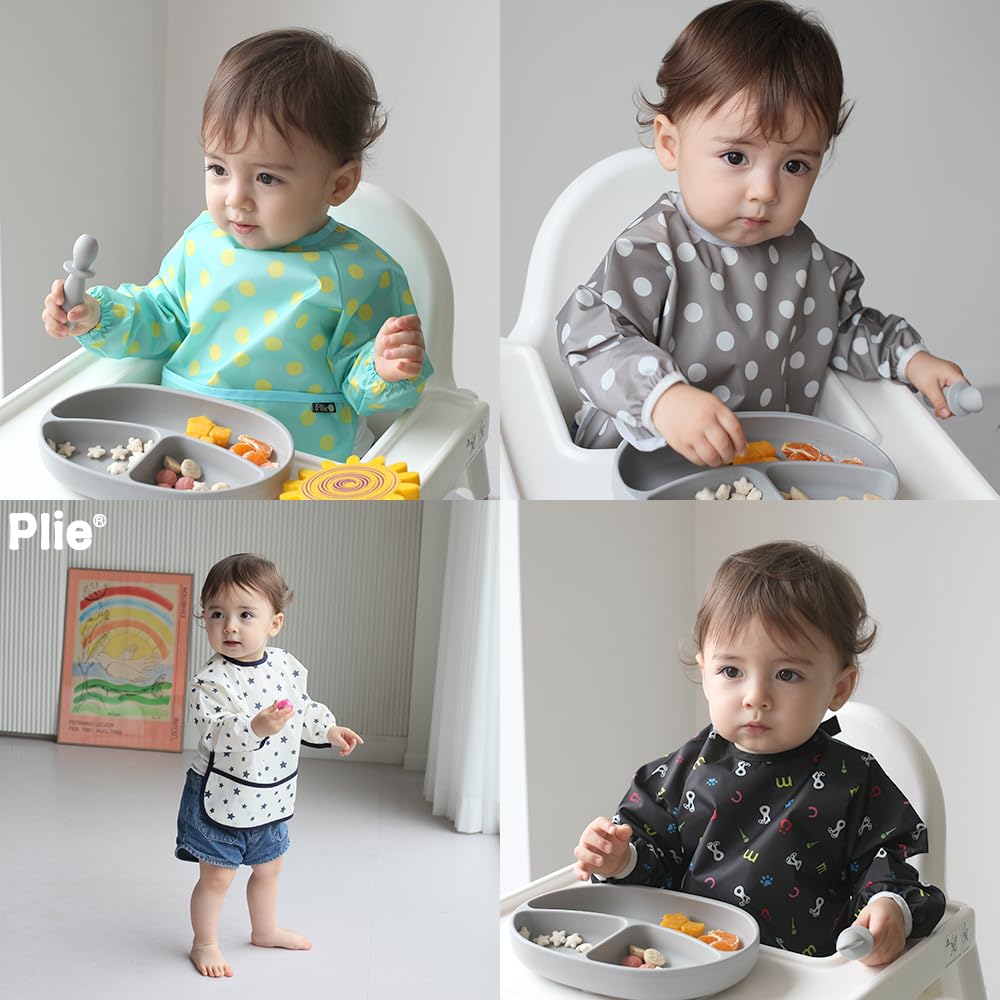 Plie Long Sleeve Waterproof Bib for Toddlers – Soft Feeding Smock for Baby Mealtime, Self-Feeding, Painting & Messy Play, BPA-Free, Easy Clean (6–24 Months) - Blue/Puppy