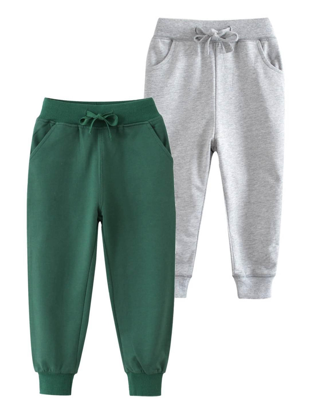 HUAER& Baby Boy's Jogger Pants Dinosaur Car Animal Print Drawstring Elastic Waist Sweatpants Cotton Toddler Athletic Pants 2-Pack(Dark Green + Light Gray,1-2T)