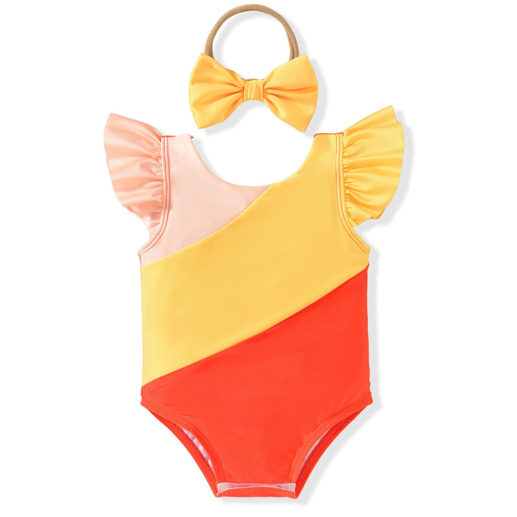HIHA 0-6 Months Infant Baby Swimsuit Girl Color Block One Piece Bathing Suits Toddler Ruffle Swimsuit Girl Swimwear Orange