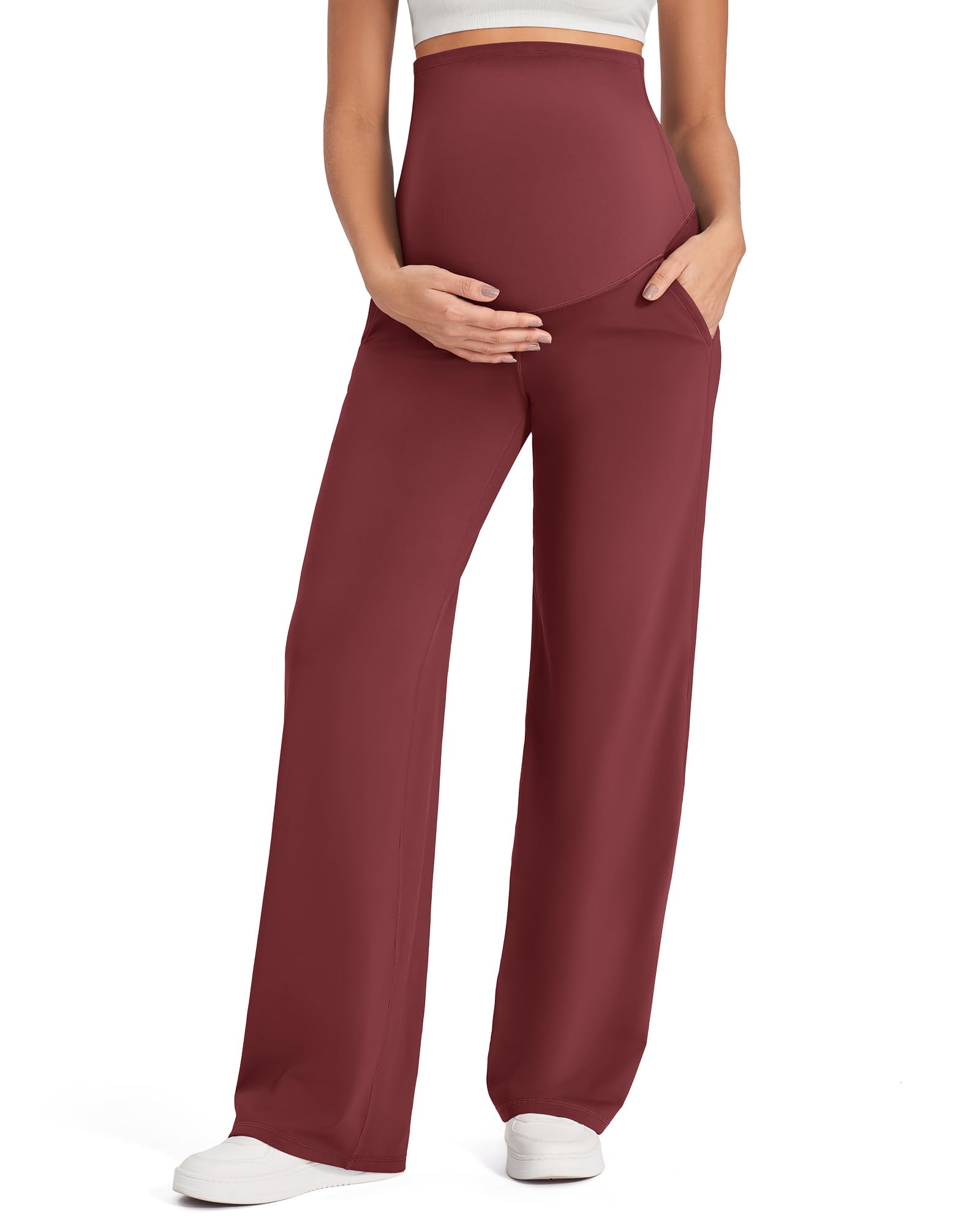 G4Free Maternity Lounge Pants Yoga Wide Leg,Dark Burgundy,XXL,Petite