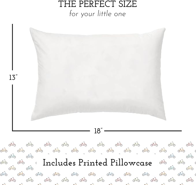 Little Sleepy Head Toddler Pillow with Pillowcase 13x18 - Kids Pillow for Sleeping - Better Neck Support Ergonomic Pillow and Toddler Pillowcase - Best Pillows for Kids (Bicycles)