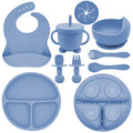 Munlinder Silicone Baby Feeding Set | Baby Led Weaning Supplies Includes Suction Bowls and Divided Plates, Adjustable Bib, Baby Utensils Spoons and Forks,Cup | Baby Feeding Essentials (Deep Blue)