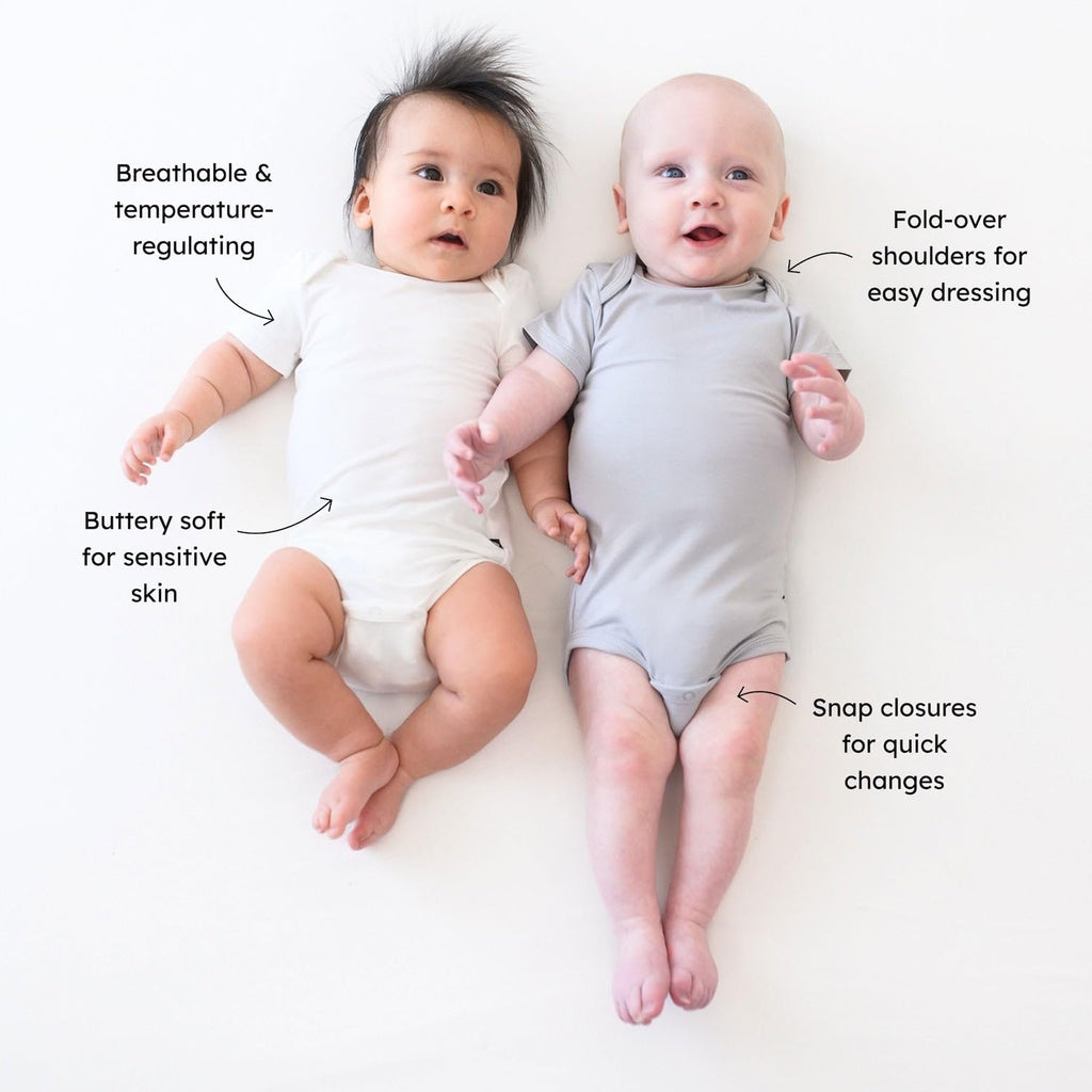 KYTE BABY Unisex Bodysuits, 2 - Pack Short Sleeve Baby Bodysuits, 97% Rayon Made from Bamboo, 3% Spandex (6-12 Months, Cloud, Storm)