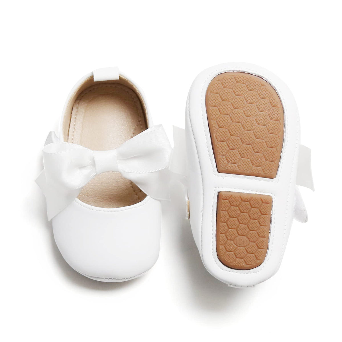 Felix & Flora Soft Sole White Baby Walking Shoes - Infant Moccasins Rubber Sole Crib Ballet Flats(White,9-12Months)