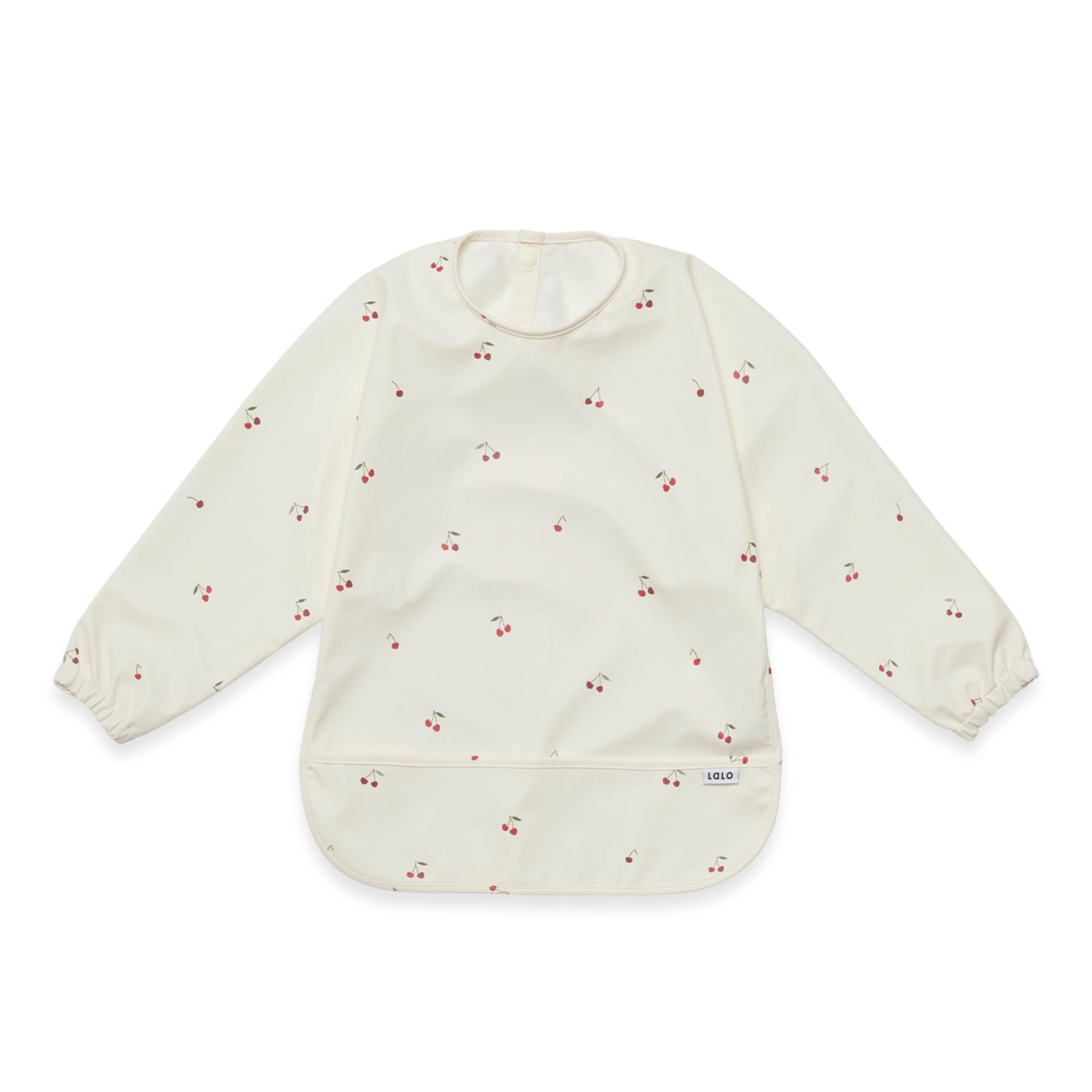 Lalo Smock Bib - Long Sleeve Bib for Infants and Toddlers - Elastic Cuffs, Large Catch-All Pocket, Waterproof Recycled Polyester - Easy to Clean for Mealtime and Art Time - Cherry Infant