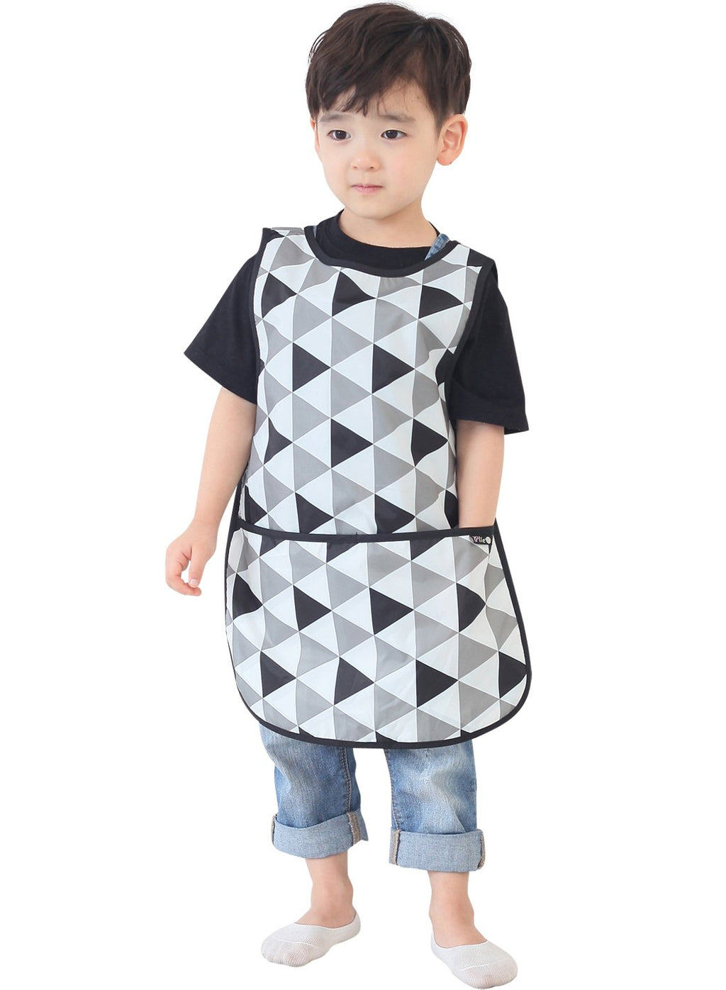 Plie Kids Painting Apron – Waterproof Art Smock for Toddlers & Preschoolers, Messy Play, Baking, Crafts, Cooking, Sensory Activities, Mealtime (Ages 1–10), Black Triangle (21-S)
