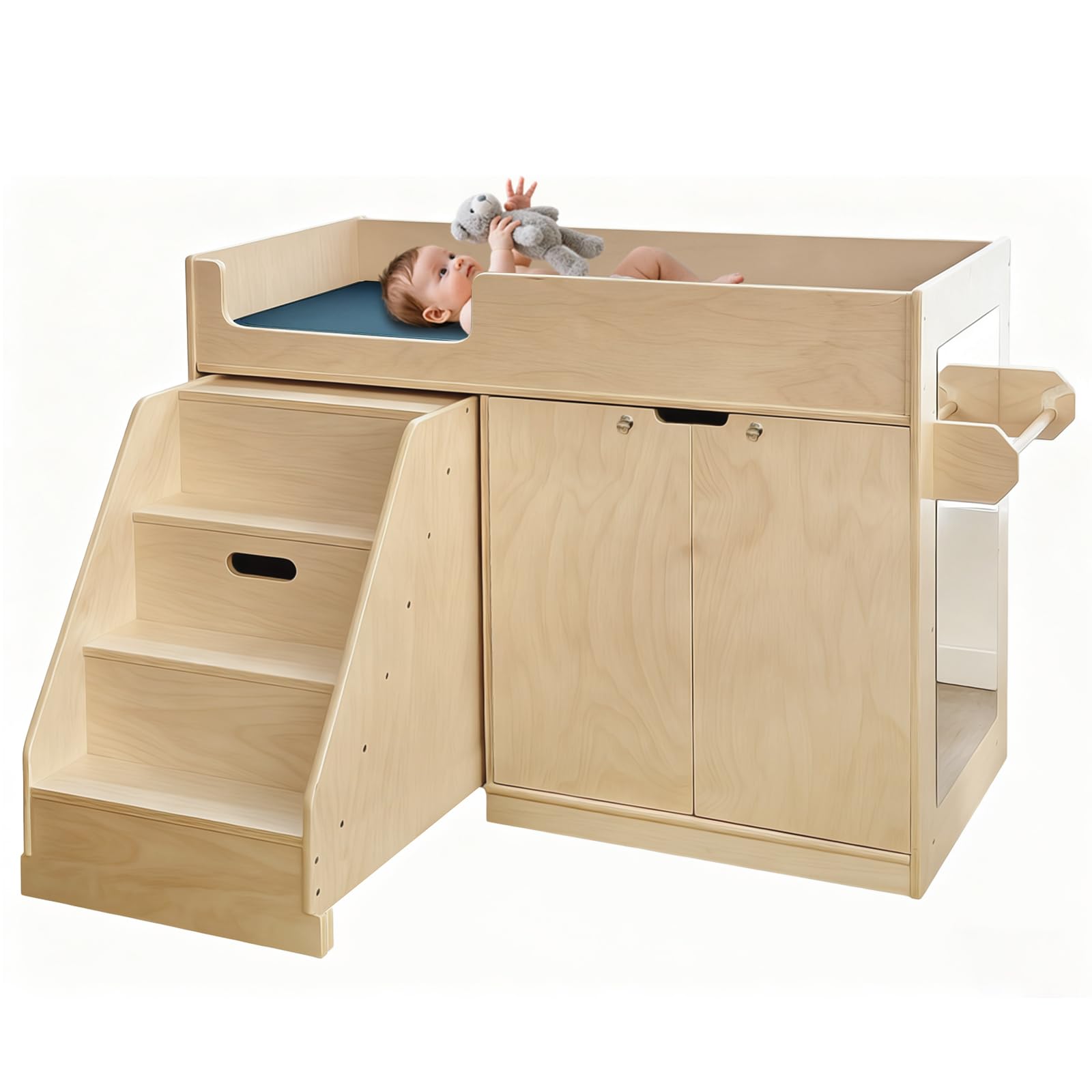 kidi house Wooden Baby Changing Table with Stairs, Mirror & Storage