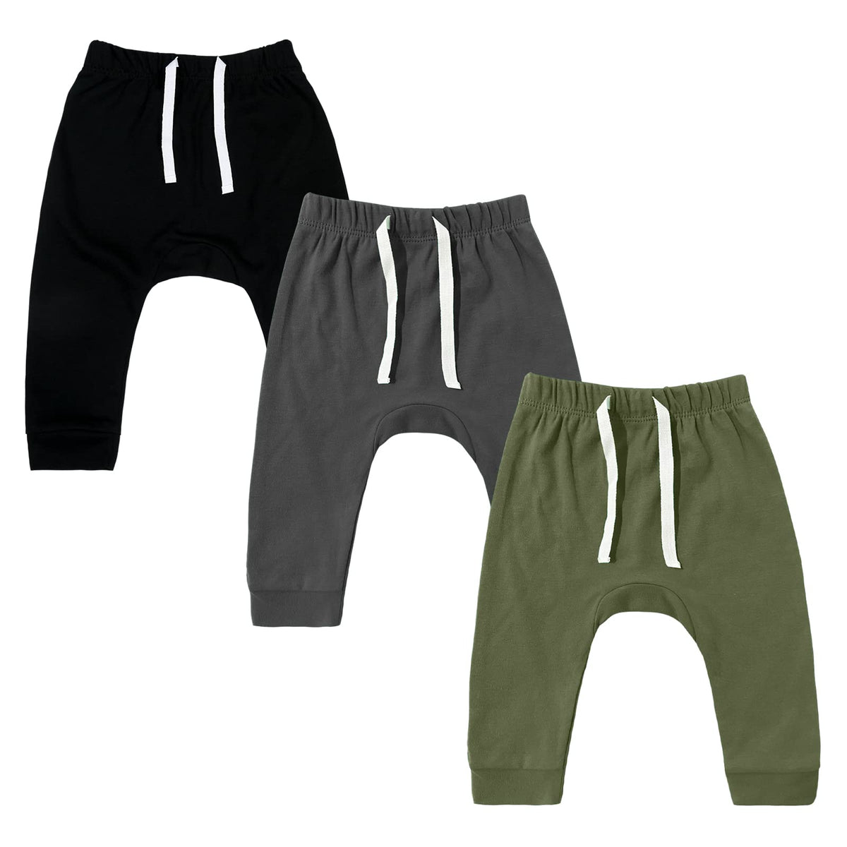 SOBOWO 9 Months Boys Pants Newborn Baby Boy 3-Pack Joggers Infant Baby Cotton Harem Bottoms for Toddler Boys Girls 0-3T Interlock 195 GSM(6-9 Months, Black/Slage/Dark Gray)
