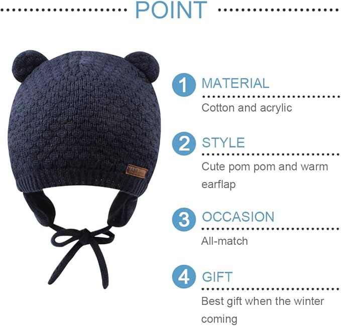 BAVST Baby Beanie Hat for Winter with Earfalp Cute Bear Kids Toddler Girls Boys Warm Knit Cap 0-2Years