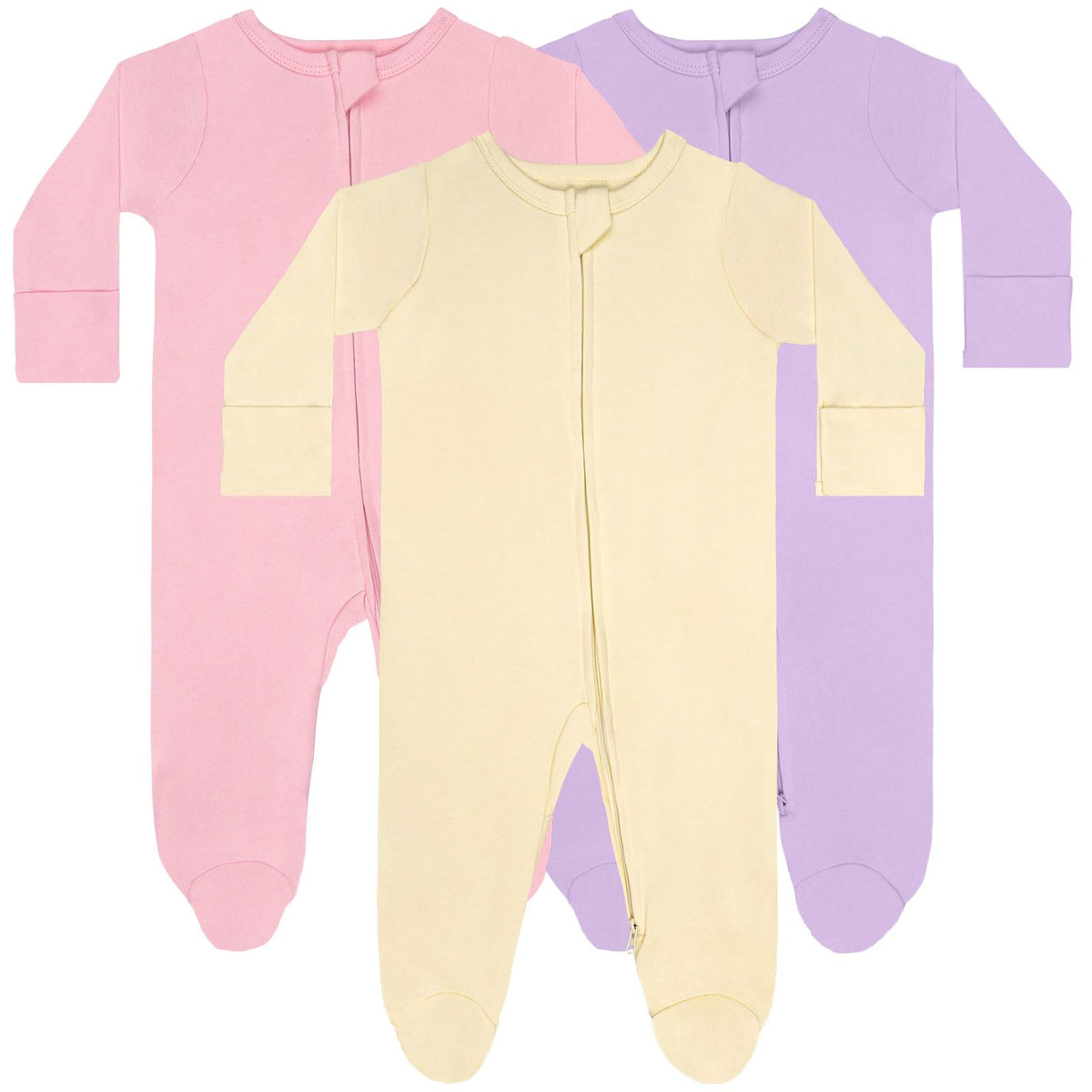 GUISBY Long Sleeve Baby Footed Pajamas with Mittens Cotton Sleepers with Zipper 3-Pack Orange+Dark Pink+Light Green 9-12 Months