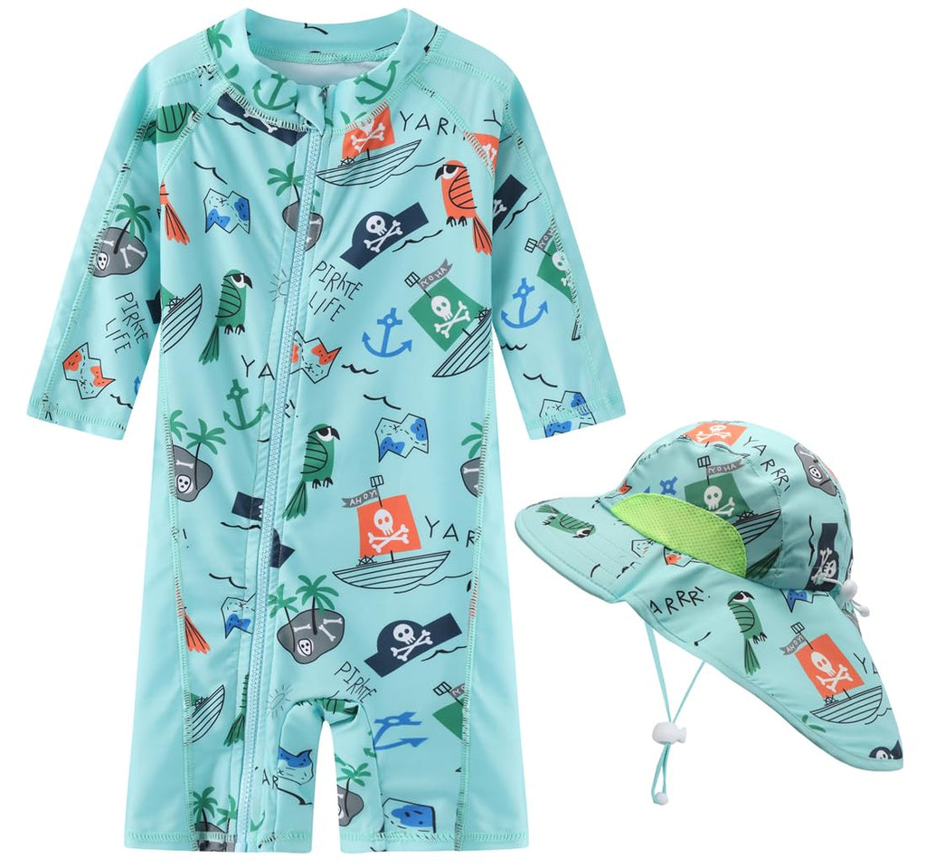 Toddler Baby Boys Swimsuit Rashguard One Piece Zipper Bathing Suit with Sun Hat Infant Swimwear Sunsuit UPF 50+（Pirate，9-12 Months）