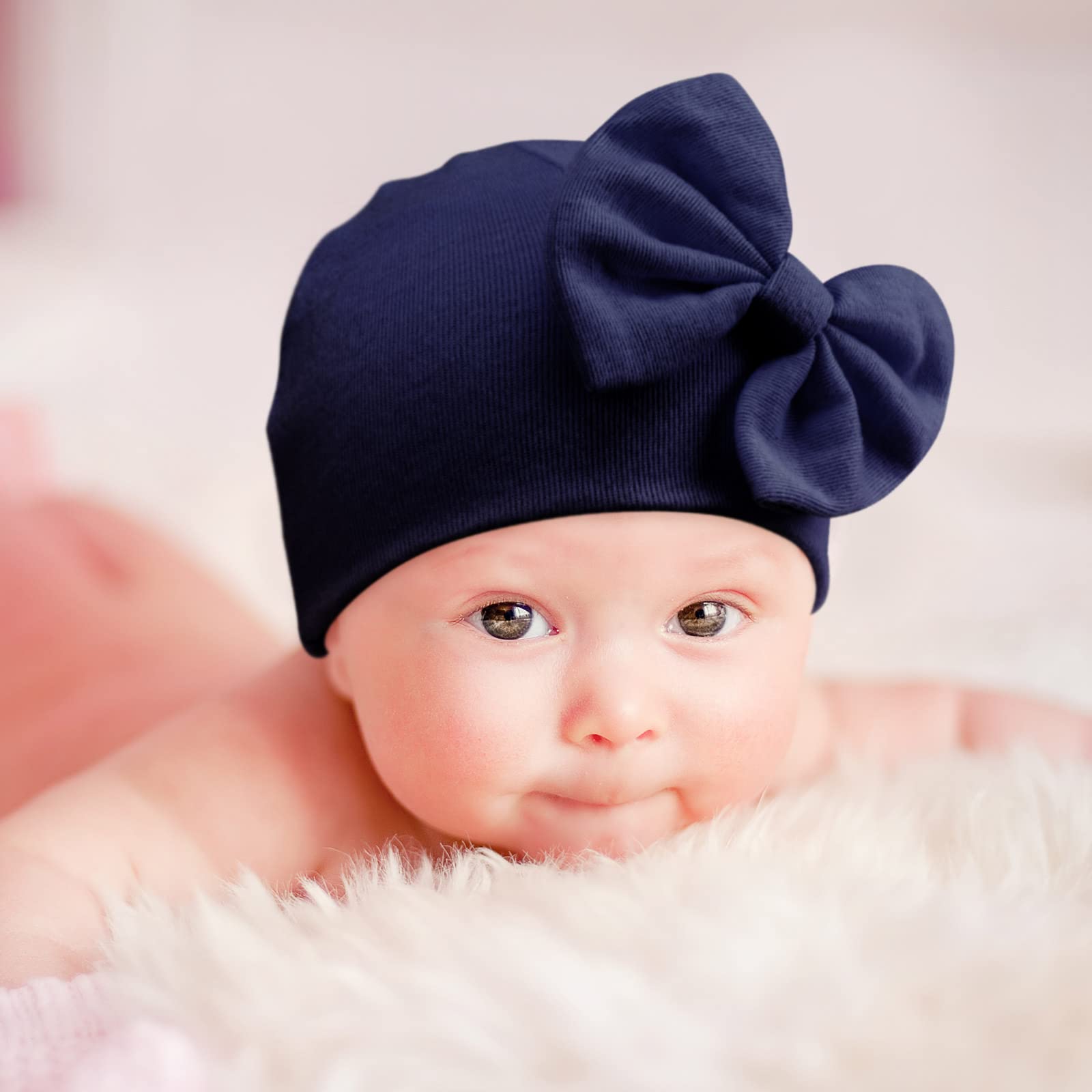 BQUBO Newborn Baby Hats Mittens Set Hospital Hat Beanie Infant Bow Hats Baby Cotton Gloves No Scratch Mittens for 0-6 Months