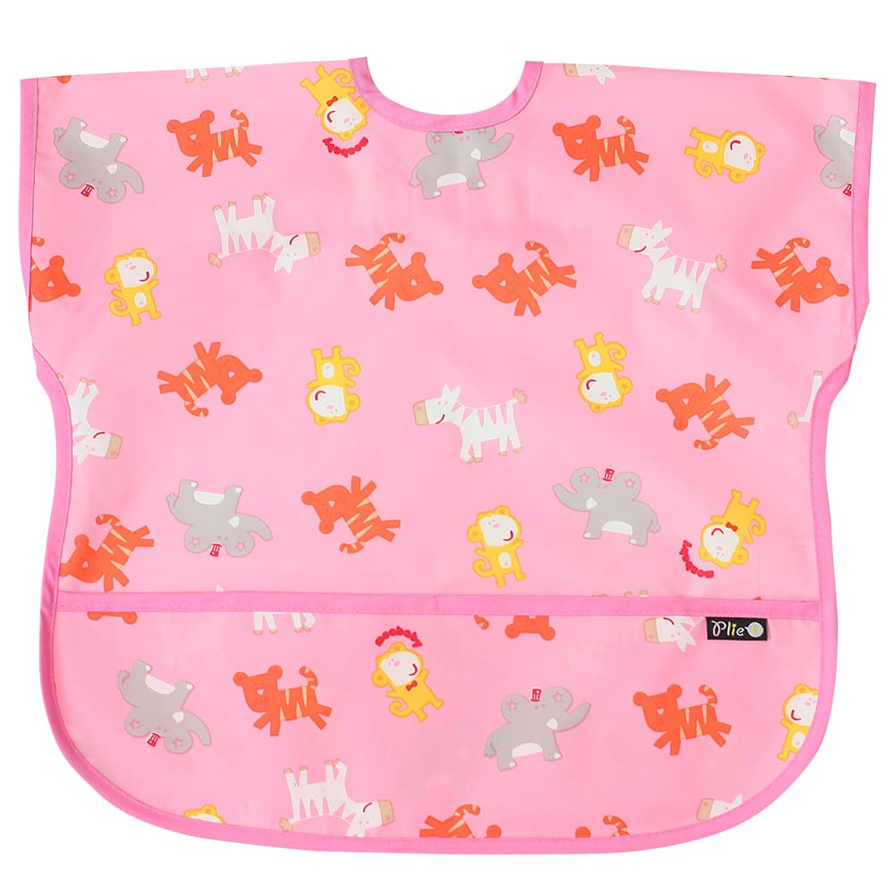 Plie Short Sleeve Waterproof Bib for Toddlers – Easy Clean Feeding Apron for Mealtime, Daycare, Self-Feeding & Messy Play, Lightweight BPA-Free Baby Bib (6–24 Months) - Pink/Animals