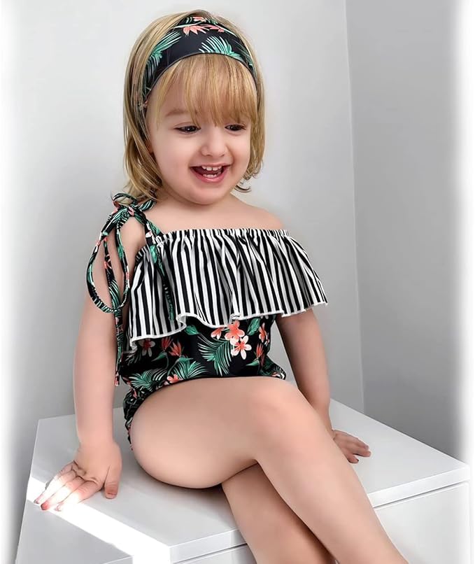 Toddler Baby Girls Ruffles Bikini One Piece Swimsuits Floral Off Shoulder Swimwear Beach Bathing Suit