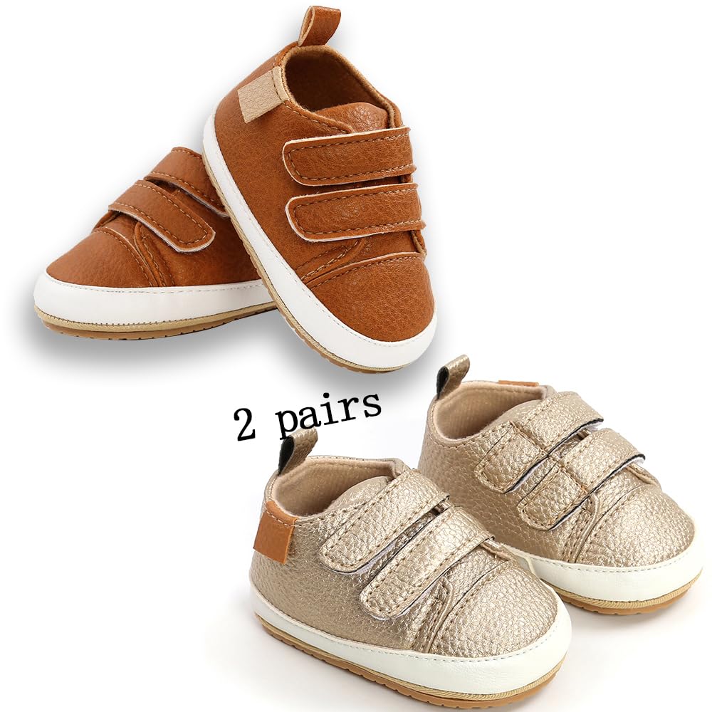 eitwo 2Pairs Baby Shoes,Boys Girls Non-Slip Rubber Sole Sneakers,Unisex Infant Soft Lightweight First Walking Crib Shoes (2Pairs_Brown+Gold,3-6 Months)