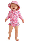 WOLBAY Baby Girl Swimsuit Long Sleeve One Piece Rash Guard with Sun Hat Zipper Bathing Suit Size 0-2T (US, Age, 18 Months, 24 Months, Pink)