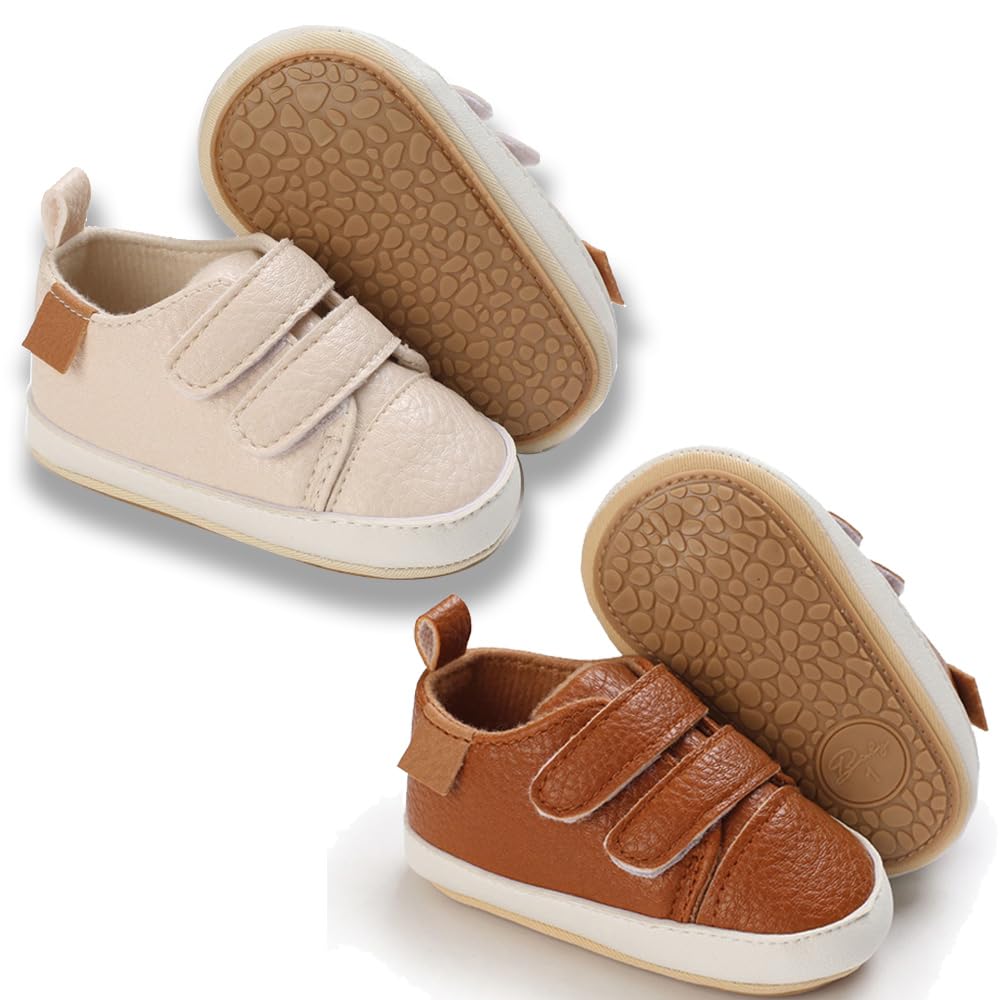 eitwo 2Pairs Baby Shoes,Boys Girls Non-Slip Rubber Sole Sneakers,Unisex Infant Soft Lightweight First Walking Crib Shoes (2Pairs_Brown+Beige,6-12 Months)