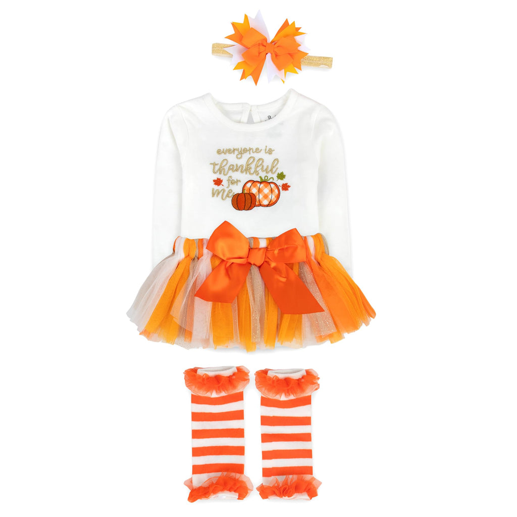 Baby Girl Thanksgiving Outfit 4-Piece Set – Bodysuit, Striped Pants, Tutu Skirt & Bow Headband – Infant Friendsgiving (9 months)