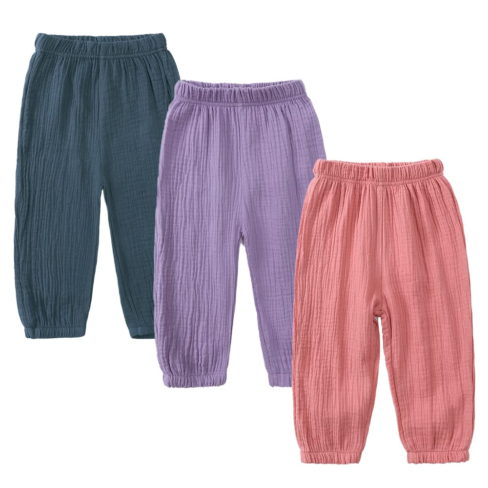 MYGBCPJS Baby Boys Girls 3 Pack Cotton Linen Long Bloomers Ankle Length Trousers Kids Lightweight Elastic Waist Harem Pants