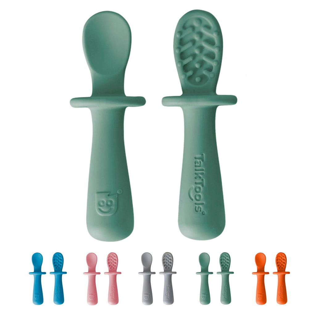 TalkTools ITSY Tiny Silicone Spoons – Twin Pack Soft Silicone Self-Feeding Training Spoons for Kids & Toddlers, Anti-Choking Flange Guard and Non-Slip Handle (Sage)
