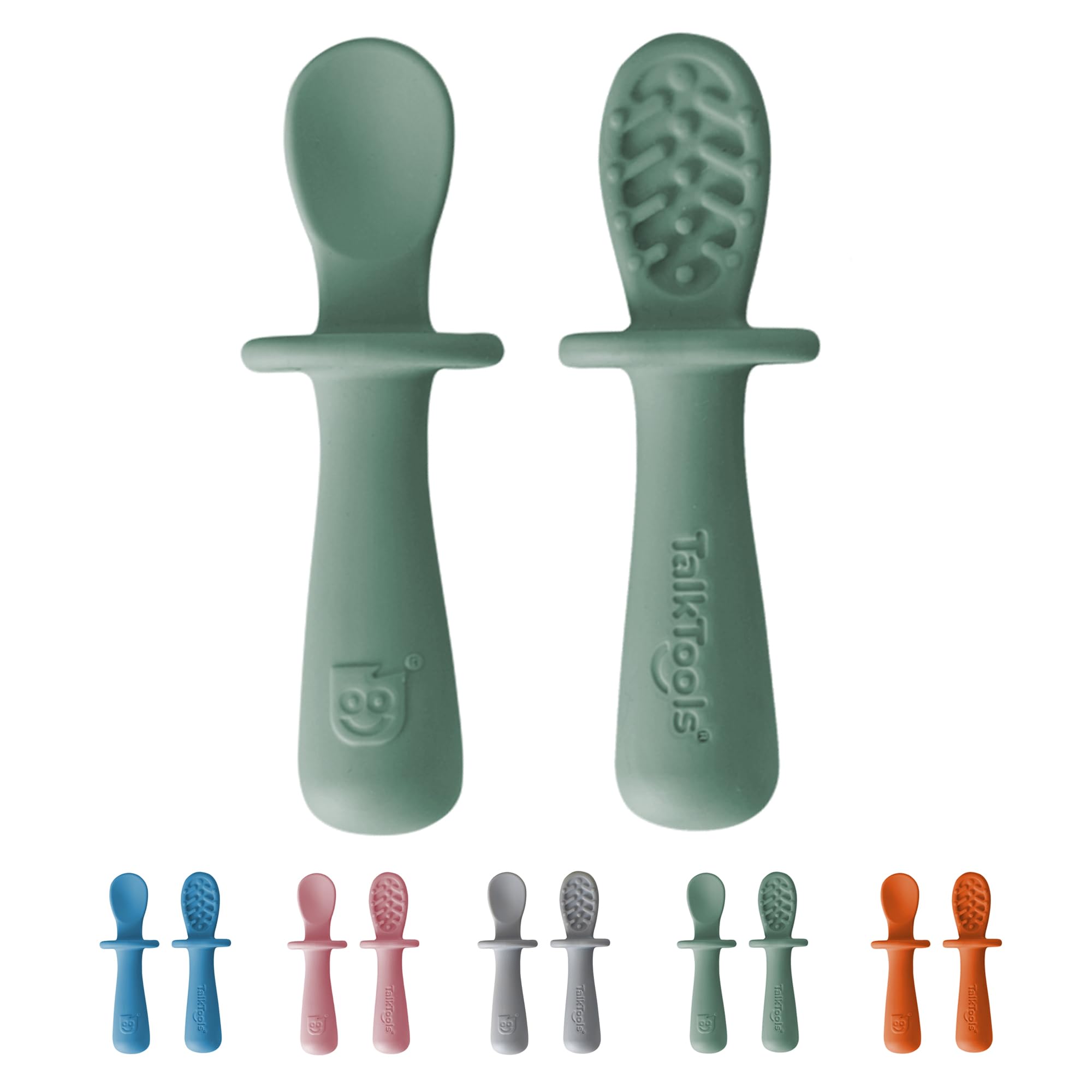 TalkTools ITSY Tiny Silicone Spoons – Twin Pack Soft Silicone Self-Feeding Training Spoons for Kids & Toddlers, Anti-Choking Flange Guard and Non-Slip Handle (Sage)