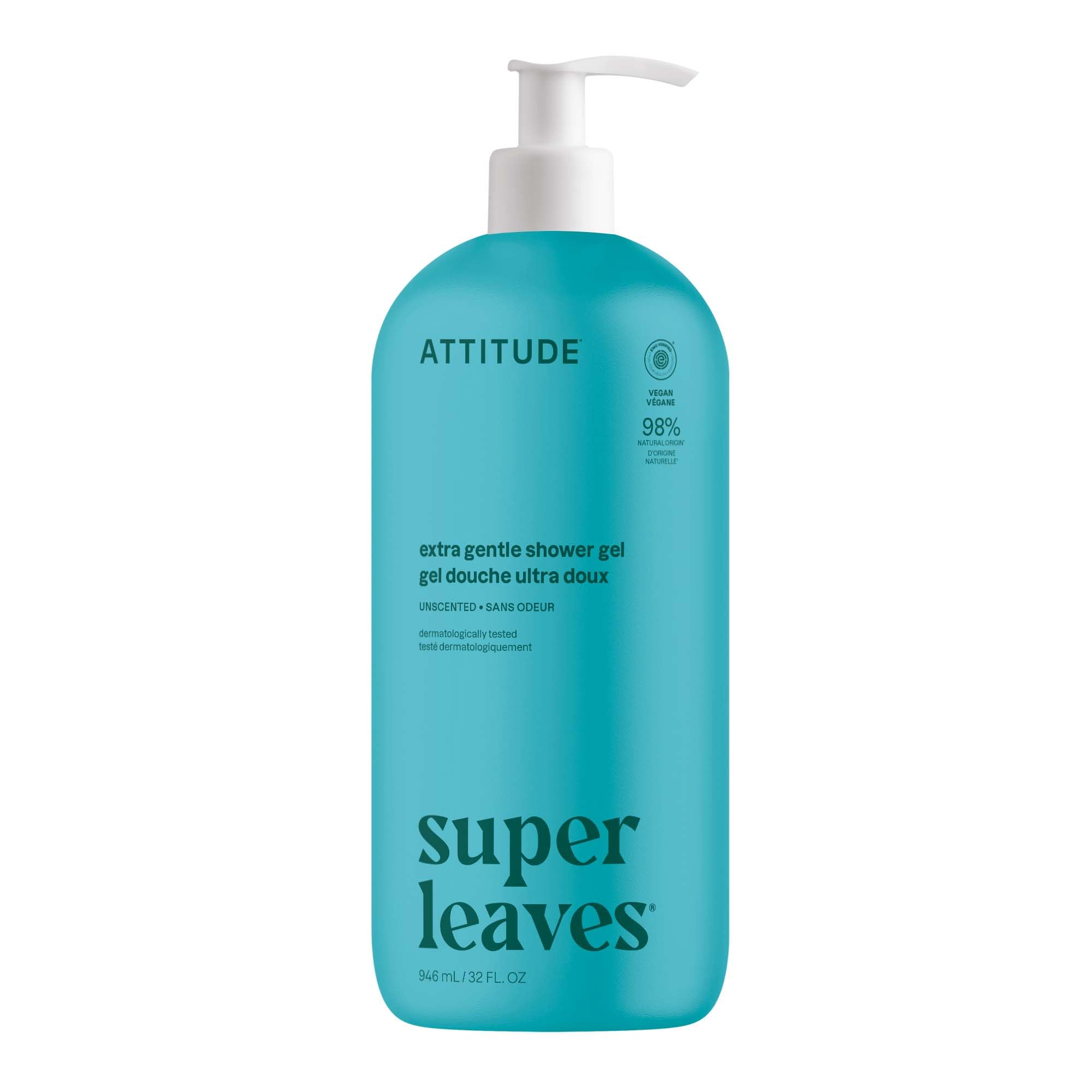 ATTITUDE Body Wash, EWG Verified Shower Gel, Dermatologically Tested, Plant and Mineral-Based, Vegan Personal Care Products, Extra Gentle, Unscented, 32 Fl Oz