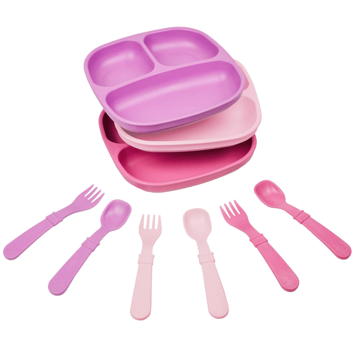 Re-Play Toddler Dinnerware Set - 3 Divided Plates, 3 Snack Bowls & 3 Fork and Spoon Sets - BPA-Free Kids Tableware - Dishwasher Safe - Made in USA from Recycled Materials, Aqua/Yellow/Lime