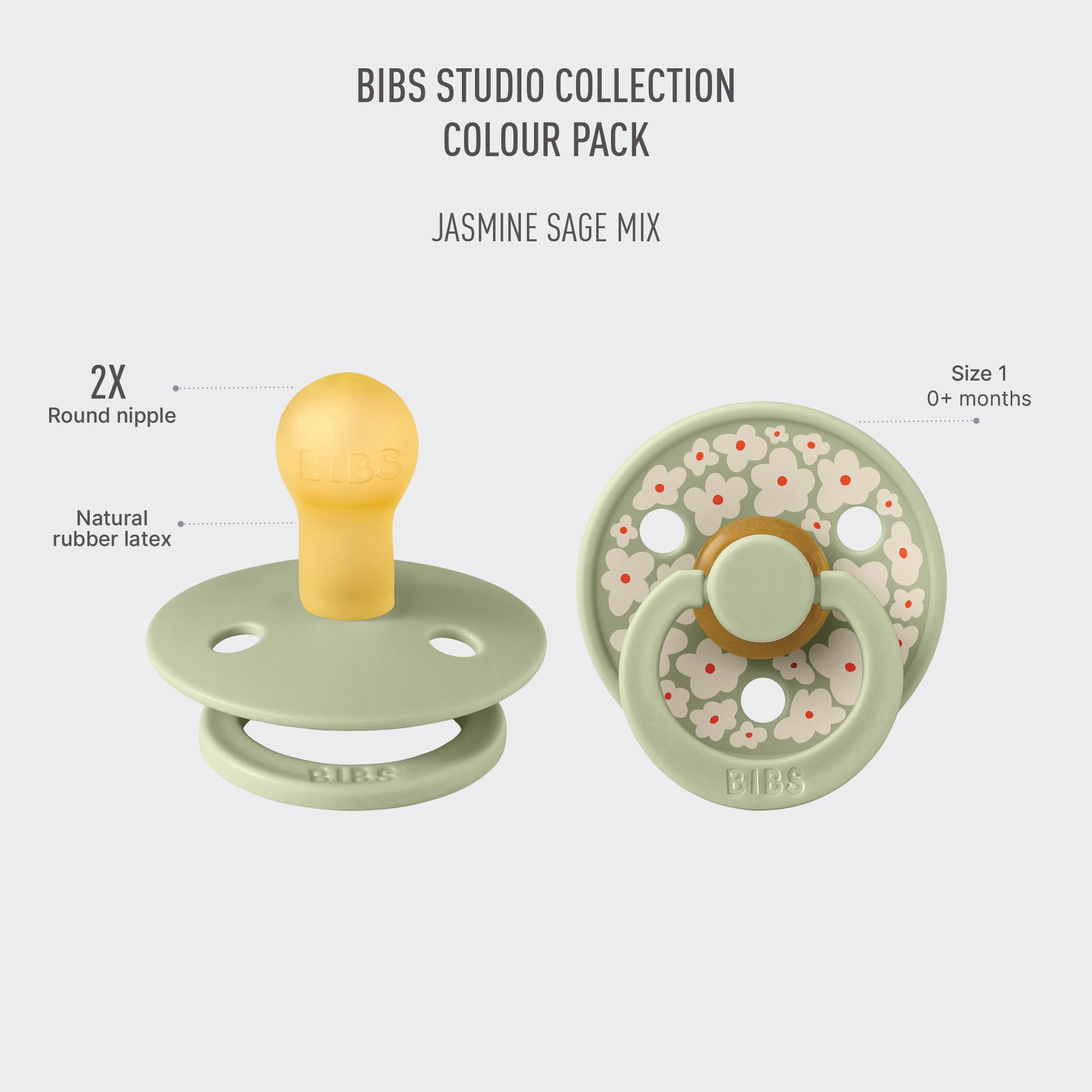 BIBS Colour Pacifier, 0-6 Months, 2-Pack, Round Nipple, Jasmine Sage