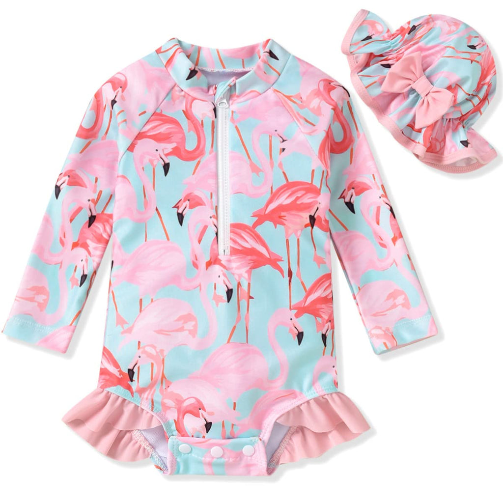 Toddler Baby Girls One Piece Long Sleeve Swimsuit Flamingo Bathing Suit Zip Up Swimwear Beach Wear 12-18 Months Pink