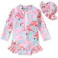 Toddler Baby Girls One Piece Long Sleeve Swimsuit Flamingo Bathing Suit Zip Up Swimwear Beach Wear 12-18 Months Pink