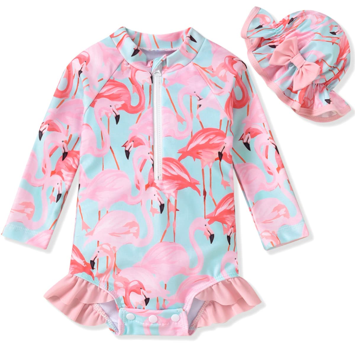 Infant Baby Girls One Piece Long Sleeve Swimsuit Flamingo Bathing Suit Zip Up Swimwear Beach Wear 3-6 Months Pink