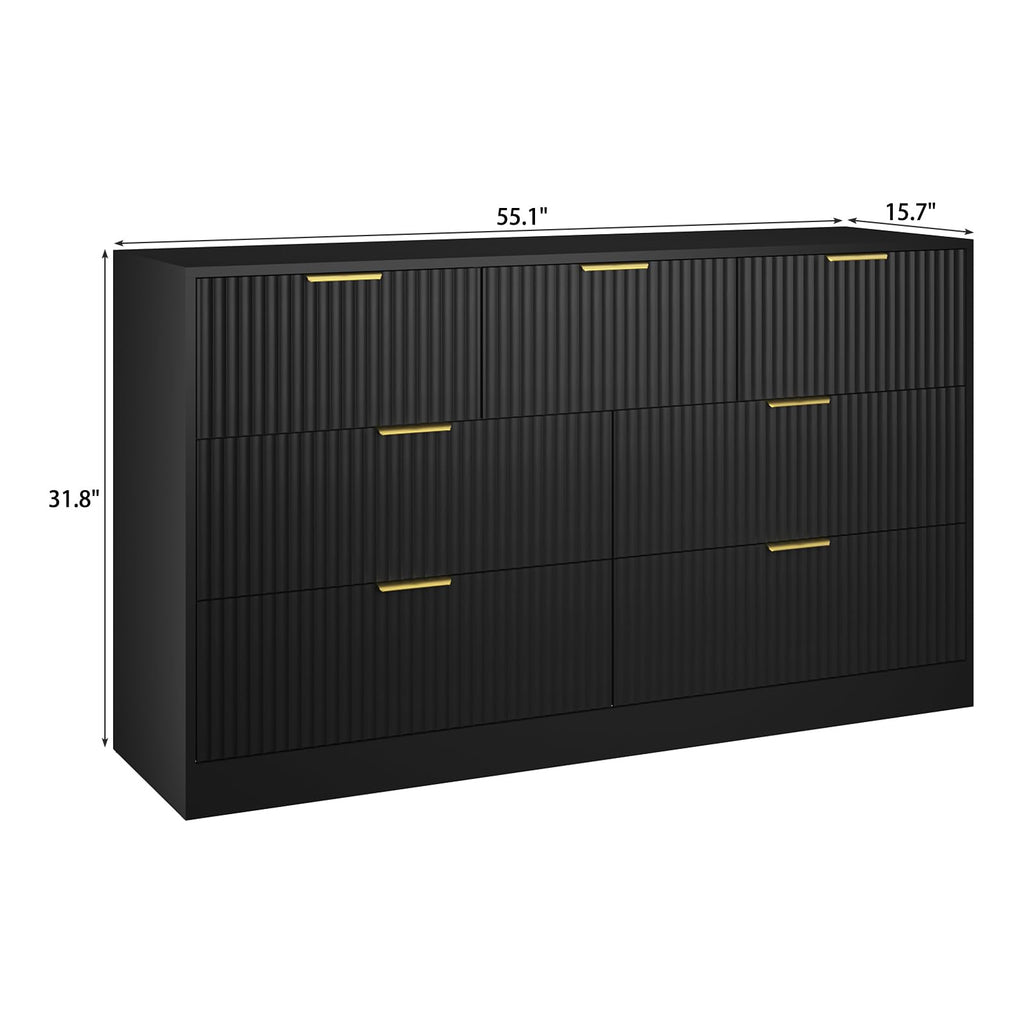 Sscaktu 7 Drawer Fluted Dresser with Deep Drawers for Bedroom, Black丨55 Wide Mid Century Dresser, Modern Chest of Drawers, Wood TV Stand Storage Organizer for Closet, Living Room, Hallway