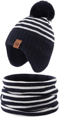 JANGANNSA Knitted Baby Hat Scarf Set Winter Warm Boys Girls Beanie Fleece Lining Toddler Kids Hats with Pompom