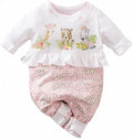Aoswep - Lovely Three Animals Printed Fold Edge Long-sleeve Baby Girl Jumpsuit (3-6 Months)